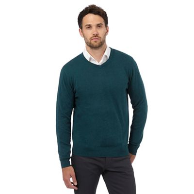 Big and tall green V neck jumper with silk and cashmere